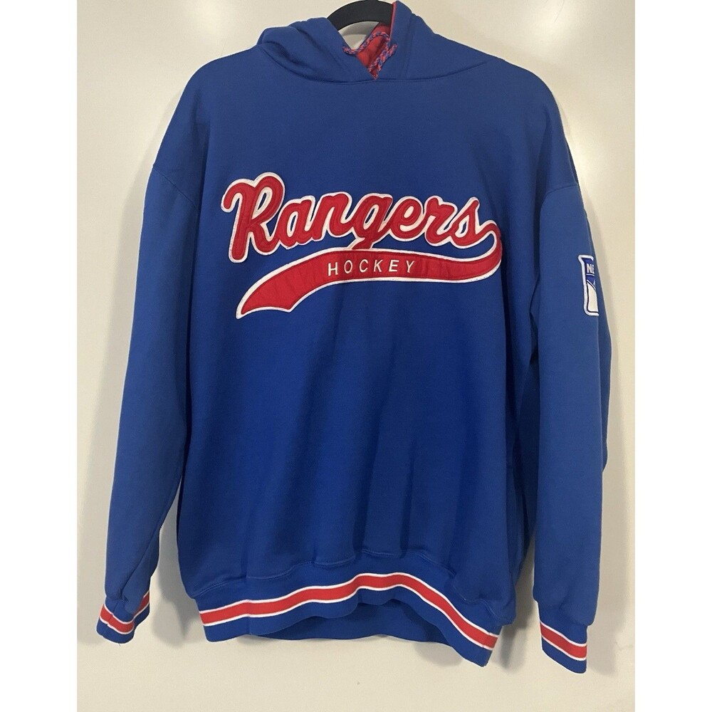 Vintage 1990s Starter New York Rangers NHL Hoodie Script Logo Blue Sz L